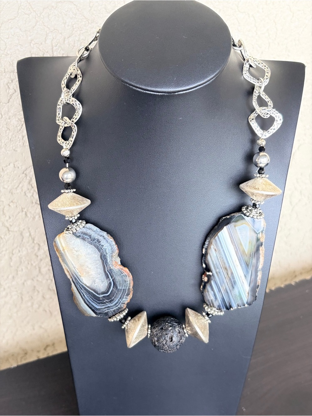 Artisan Silver & Black/Gray Sliced Agate Geode Statement Necklace
